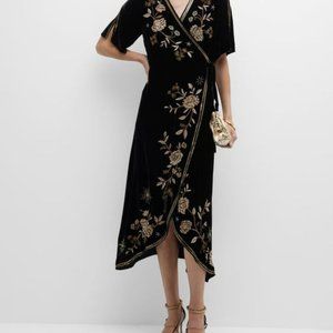 Embroidered Johnny Was Ally Velvet Wrap Midi Dress